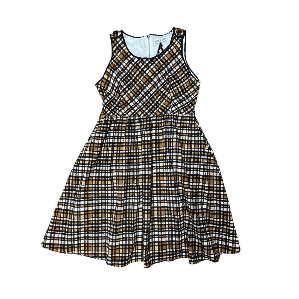 FROCK SHOP, Women's Mini Fit & Flare Dress, Brown Black White Plaid, Large